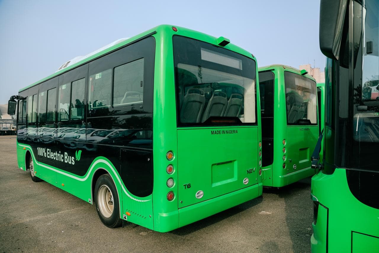 Electric bus on a Nigerian road, mid-route